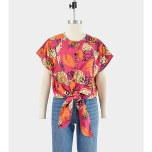 Vintage 90s Leaf Print Cotton Shirt Tie Waist Button Up Short Sleeve Blouse L